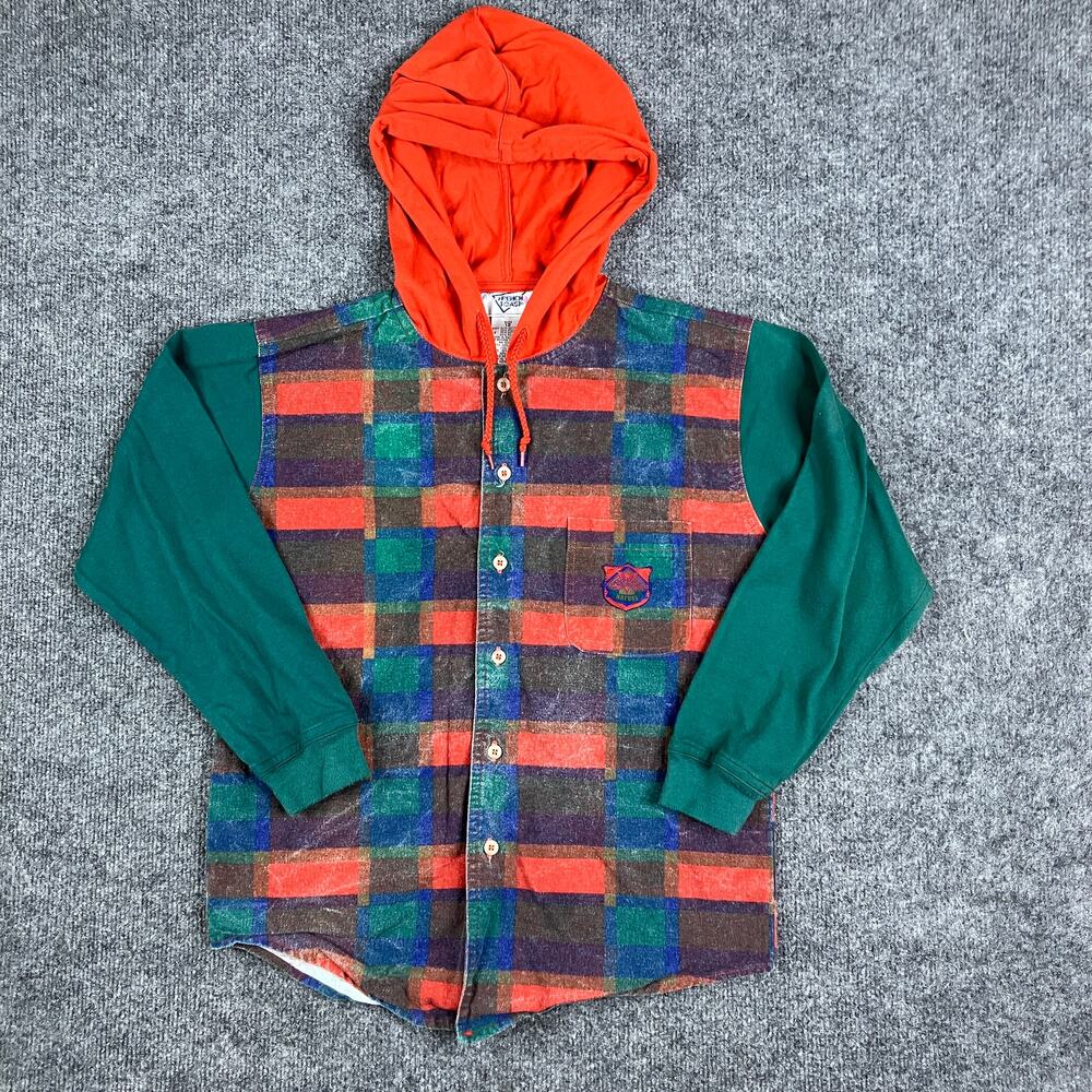 French Toast Hoodie Shirt‎ Boys Size 12 Plaid Button Up Green Sleeves Orange